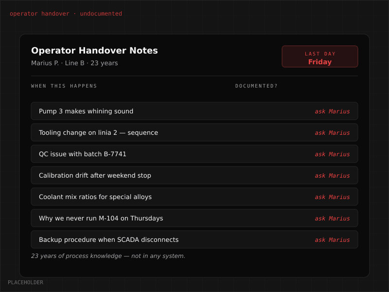 Operator handover document with every entry marked 'ask Marius' — 23 years of undocumented knowledge